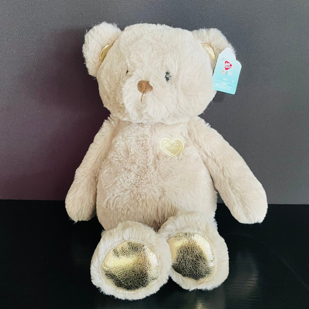 Play Right Teddy Bear Plush Unisex 14" Gray NEW Gold Heart Metallic Feet Hug Me